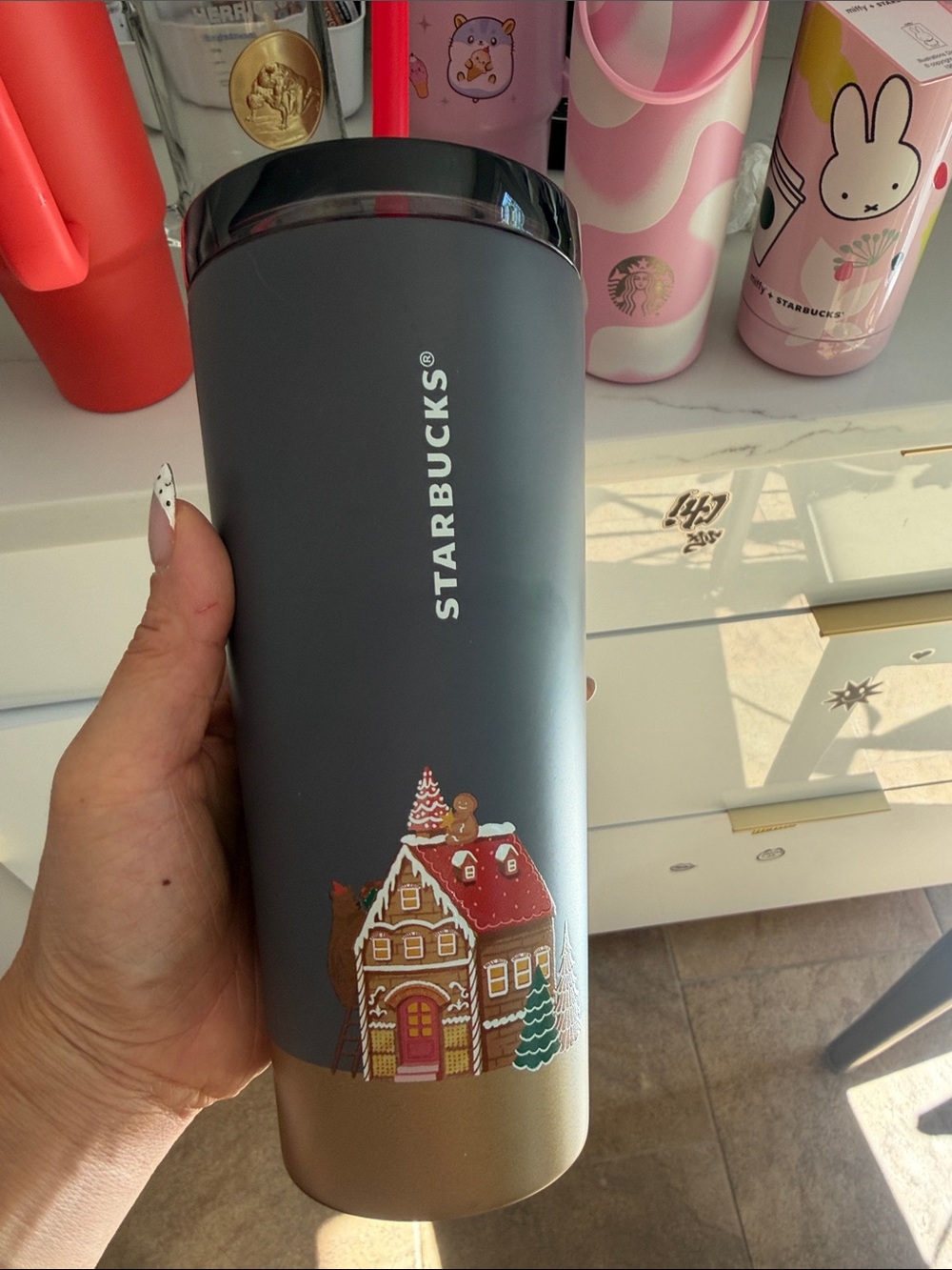 Starbucks Matte Gray and Gold Holiday Gingerbread House Tumbler